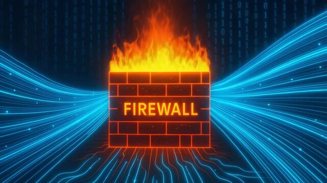 A vibrant digital illustration of a firewall, depicted as a glowing brick wall with flames, symbolizing cybersecurity and data protection amidst a background of flowing binary code