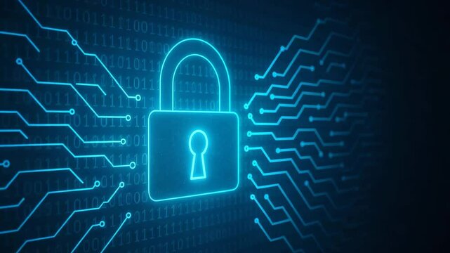 A digital padlock symbolizing cybersecurity, surrounded by circuit patterns and binary code