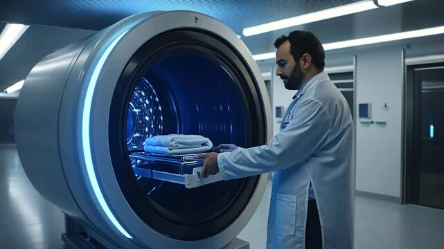 Futuristic, automated laundry machine in a sterile, modern facility. A person in a lab coat loads folded linens into a large, circular, glowing machine