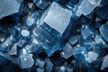 Translucent blue crystals reflect light, showcasing unique geome