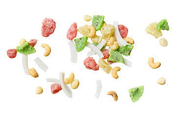 Colorful dried fruit and cashew nut mix isolated on transparent background