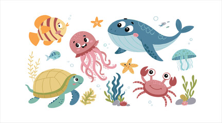 Vector illustration collection of adorable ocean animals like jellyfish, crab, and seal.

