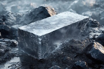 Shimmering block resting on rugged stones, showcasing unique tex