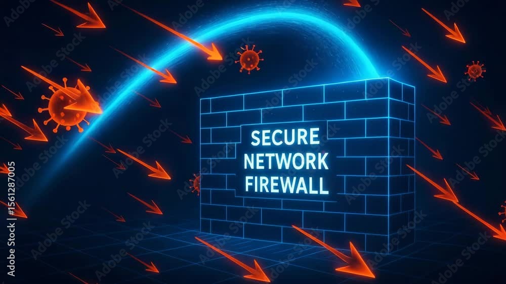 Poster visual representation of a secure network firewall protecting against cyber threats, illustrated wit