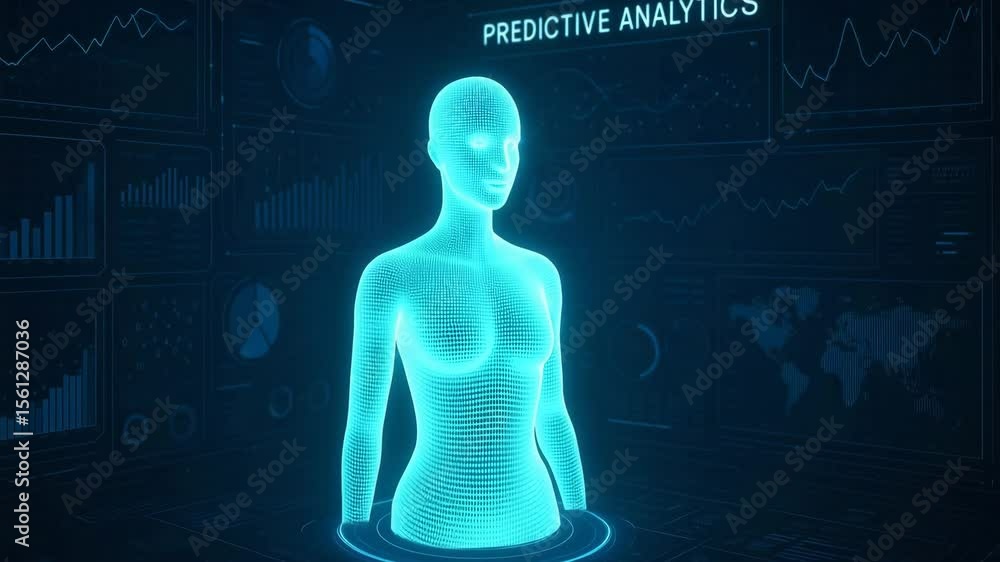 Aufkleber a futuristic holographic representation of a human figure, illustrating predictive analytics in a hi