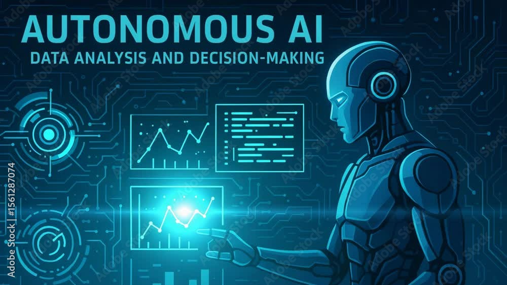 Poster a futuristic illustration showcasing autonomous ai, focusing on data analysis and decision-making
