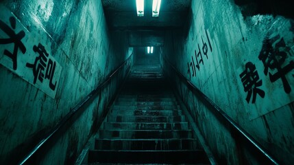 Desolate teal-lit staircase descends into dimly lit, graffiti-covered underpass.  Mysterious, eerie atmosphere