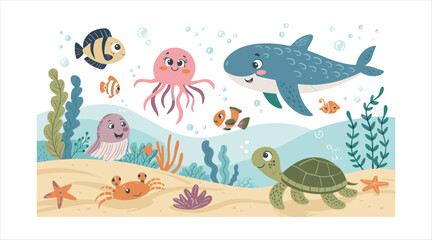 Underwater wildlife cartoon set featuring colorful fish, sharks, and sea turtles.

