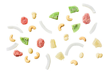 Colorful dried fruit and cashew nut mix isolated on transparent background