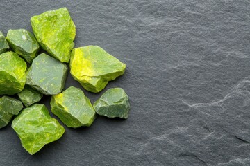 Vibrant green stones showcase unique textures and hues, highligh