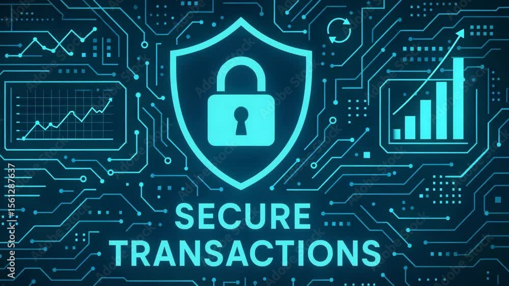 Poster an illustration showcasing secure transactions with a digital shield and lock symbol, emphasizing th