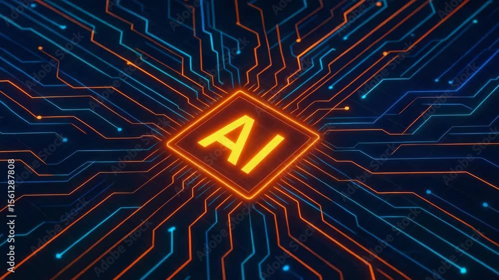 Poster a futuristic representation of artificial intelligence, showcasing vibrant circuits radiating from a