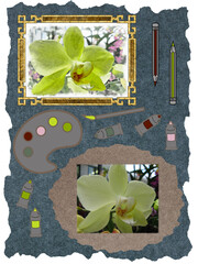 Composition of photograph, watercolors from it and art set for drawing: palette, brushes, pencils and tube of paint. Element of scrapbooking. Watercolor in frame. Yellow orchid.