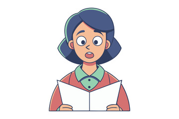 Surprised cartoon woman with blue hair and wide green eyes wearing a coral jacket and mint green shirt holding an open paper