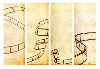 Set of grunge background with old paper texture and retro filmstrip frame. Horizontal or vertical retro banner with film reel. Collection of vintage backdrop with filmstrips. Copy space for text