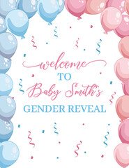 Baby gender reveal welcome sign Blue and pink balloons Girl or boy