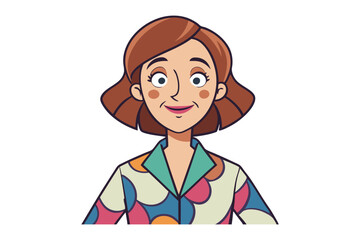 Friendly cartoon woman with brown hair and a colorful geometric patterned shirt smiling warmly