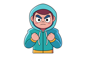 Furious Young Man: An expressive, cartoonish portrayal of a young man, clad in a hooded sweatshirt, radiating palpable anger with clenched fists, capturing raw emotion in vivid style.