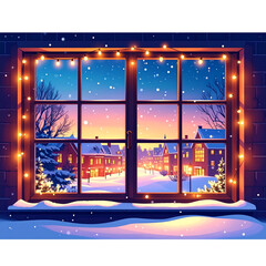Winter City Window Scene with Snow and String Lights 