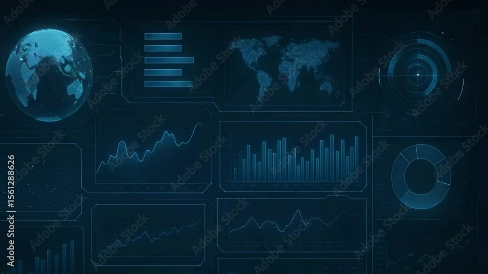 Poster futuristic digital interface showcasing global data visualization, charts, and analytics