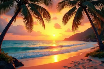Tropical Sunset Honeymoon Idyllic Ocean View, Palm Trees Swaying Gently in Warm Breeze, Perfect Romantic Getaway