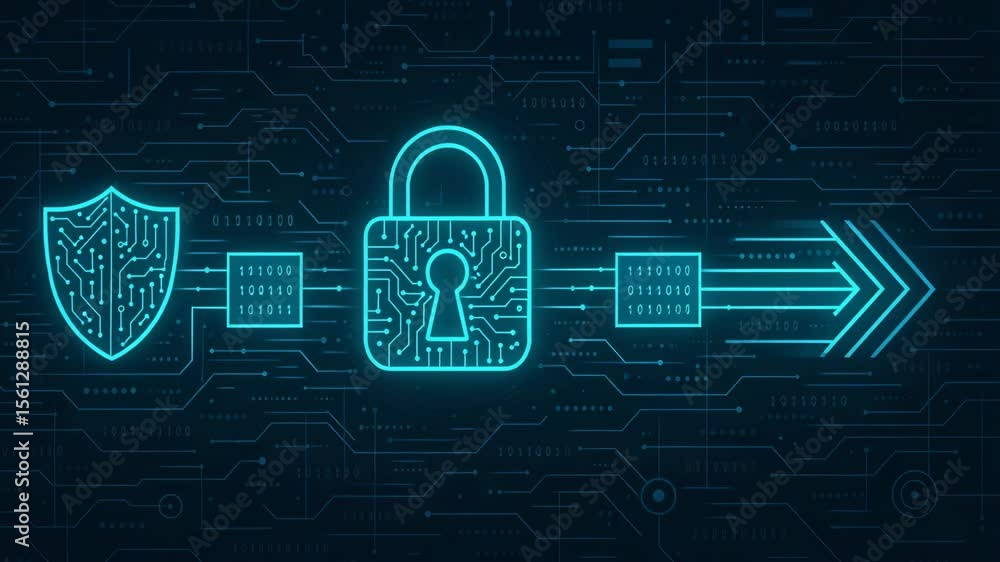 Aufkleber a futuristic digital illustration depicting cybersecurity concepts with a shield, lock, and data flo