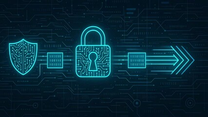 A futuristic digital illustration depicting cybersecurity concepts with a shield, lock, and data flow symbols. Ideal for visualizing modern security solutions and data protection. - Powered by Adobe
