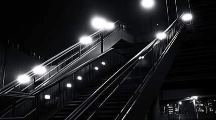 Illuminated stairway ascending into the night, captured in stark black and white.  Modern architectural design with strong lines and contrasting light