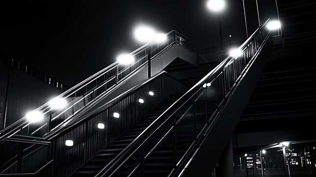 Illuminated stairway ascending into the night, captured in stark black and white.  Modern architectural design with strong lines and contrasting light