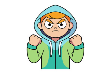 Aggressive Cartoon Character: A cartoon illustration of a person wearing a hooded jacket with an angry expression and clenched fists, ready to face challenges or convey a mood.