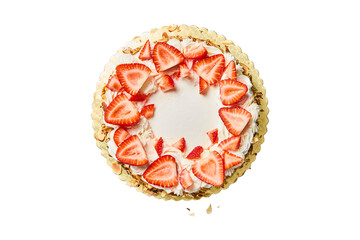 Delicious strawberry cream cake with almonds and gold edible border isolated on transparent...