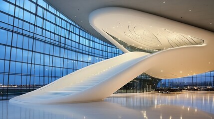 A sweeping, white, sculptural staircase dominates a modern building's expansive lobby, contrasted by a glass wall revealing an evening cityscape