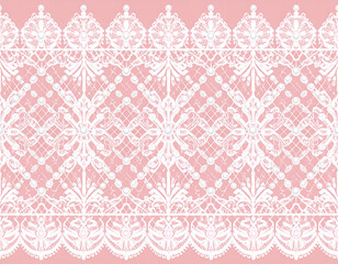An intricate, seamless pattern of white lace with pearl accents creates a luxurious border design on a soft pink background. Perfect for wedding, beauty, or elegant textile themes with ample copy spac
