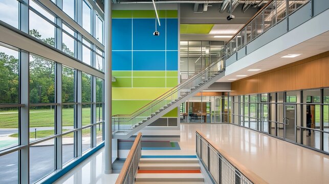 Modern school interior with vibrant colors and large windows