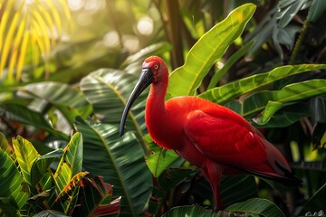 Naklejka premium A scarlet ibis standing amongst lush green foliage in a tropical setting with bright sunlight shining