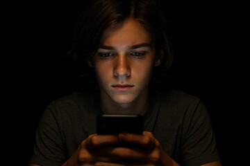Teen boy staring at phone in dark room