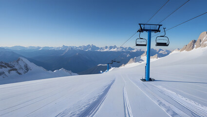 Ski lift chairs moving through snowy alpine mountains in winter