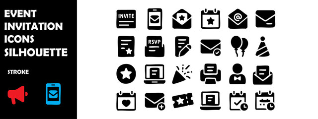 Event Invitation Icons Silhouette Vector Set – RSVP, Calendar, Email and Celebration Notification Symbols