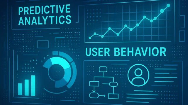 Futuristic data visualization showing predictive analytics and user behavior metrics. Displays charts and graphs representing trends, user engagement, and data flow.