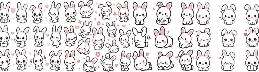 Cute Kawaii Bunny Clipart Set, Pastel Pink Cartoon Rabbit Icons, Baby Animal Character Illustration for Kids Decor and Design
