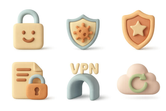 3d security icon set illustration: shields, locks, and vpn design elements