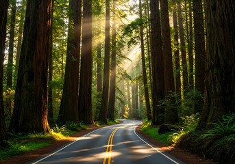Obraz premium Scenic Road Winding Through Redwood National Forest — Majestic Trees and Nature Landscape
