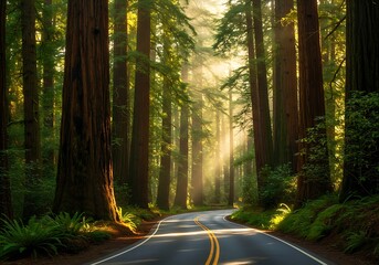 Obraz premium Scenic Road Winding Through Redwood National Forest — Majestic Trees and Nature Landscape