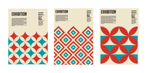 Art exhibition posters with abstract painting design. Vector vertical banners, invitation flyers to museum or gallery with trendy creative background with colorful patern blobs and drawn shapes.