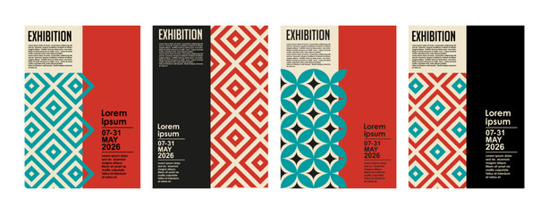 Art exhibition posters with abstract painting design. Vector vertical banners, invitation flyers to museum or gallery with trendy creative background with colorful patern blobs and drawn shapes.
