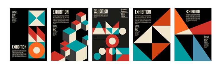 Art exhibition posters with abstract painting design. Vector vertical banners, invitation flyers to museum or gallery with trendy creative background with colorful patern blobs and drawn shapes.