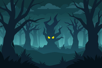 Glowing eyes in a foggy haunted forest vector illustration