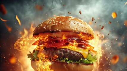 A burger is on fire and surrounded by flames. The burger is on a bun and has cheese and bacon on it - Powered by Adobe