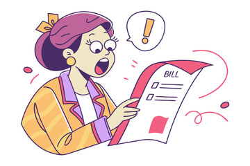Shocked woman reacts to high bill with exclamation mark in speech bubble and abstract swirls