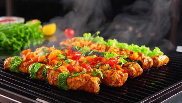 Spicy chicken tikka skewers grilled to perfection with vibrant colors and fresh herbs